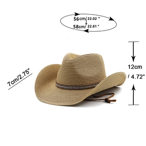 Detailed size specifications for woven straw cowboy hat showing dimensions and adjustable strap