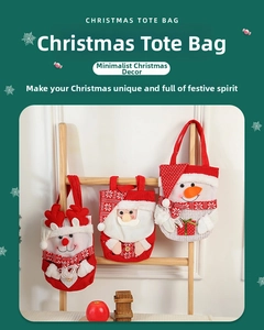 Close-up of three 3D Christmas gift bags with Santa, reindeer and snowman designs