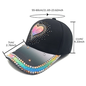 Black fashion baseball cap with rhinestone heart and colorful gradient brim detail