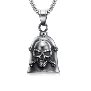 Vintage punk skull and crossbones bell pendant with silver square chain necklace