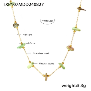 Detail showing natural stone clover necklace dimensions and stainless steel chain specs
