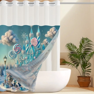 Detail of candy castle Christmas shower curtain with reindeer print in a modern bathroom