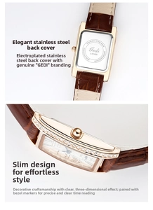 Macro detail of the rose gold square watch case with side crystals and leather strap