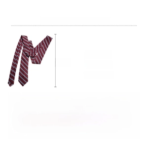 Detail view of burgundy striped fabric belt with specifications and size measurements