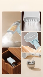 Foldable handheld steamer with stainless steel plate and removable water tank for easy storage