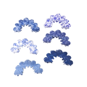 Set di 6 mollette per capelli ondulate blu e bianche con varie stampe floreali e a griglia