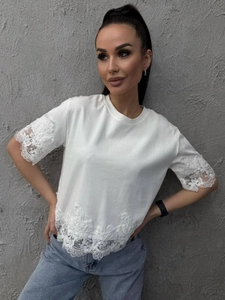 Camiseta De Algodón Para Mujer Manga Corta Cuello Redondo Ribete De Encaje Ajuste Holgado Casual Top Elegante