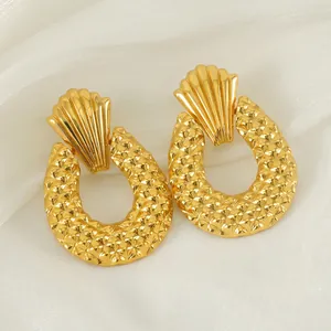 Boucles D'oreilles Puces Goutte D'eau Ananas Rétro Vintage Acier Inoxydable Plaqué Or 18K Texture Rhombique Pour Femme
