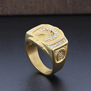Hip hop gold stainless steel signet ring for men featuring horse head and rhinestones