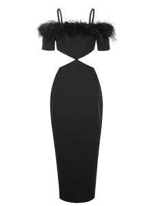 Detail of black off-shoulder midi dress featuring elegant feather trim and waist cut-outs