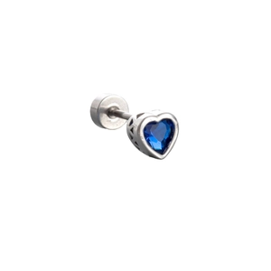 Silver stainless steel screw back ear stud featuring a sparkling blue heart zircon stone