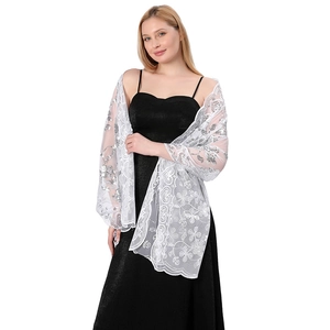Elegant white floral lace shawl with silver sequins for wedding and evening dresses.