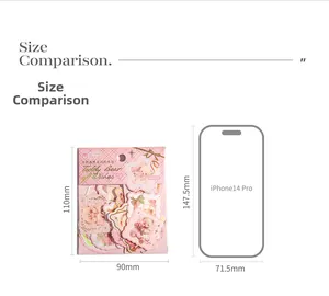 Size comparison of retro teddy bear scrapbook stickers next to an iPhone 14 Pro