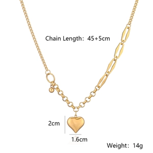 Detail of gold heart pendant necklace with dimensions and chain length measurements