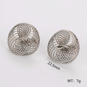 Silver stainless steel woven spherical stud earrings with 22.5mm diameter circle design
