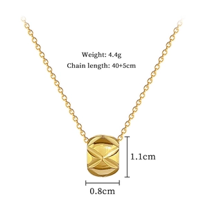 Detailed view of gold titanium steel cylinder necklace with dimensions and weight specs