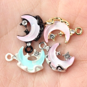 Alloy crescent moon charms with resin inlay and sparkling rhinestones for jewelry making