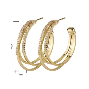 Three-layer gold C-shaped hoop earrings with sparkling rhinestones and 42mm diameter