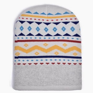 Rainbow striped knit beanie with colorful geometric patterns for winter warmth