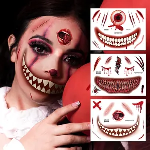 Halloween Horror Face Tattoo Stickers Big Mouth Bloody Stitches Spider Scars Waterproof Water Transfer Makeup Prop