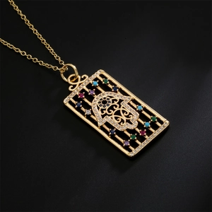 18K gold plated necklace featuring a rectangular Hamsa Hand pendant with colorful zircons