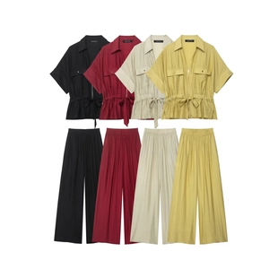 Chemise à Manches Courtes en Satin Style Safari pour Femmes Avec Fermeture Éclair Taille à Cordon et Pantalon Large Casual