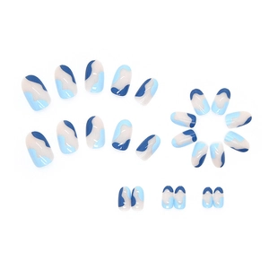 Blue sea salt wave press-on nails with natural round shape and marble pattern