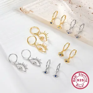 Evil Eye Hoop Earrings 925 Sterling Silver With Blue White Zirconia Dangle Charms Minimalist Jewelry For Women