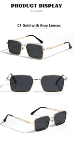 Detailed view of gold square metal sunglasses with grey lenses from three angles