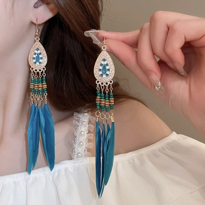Detail of bohemian long drop earrings with blue feathers, beads, and gold alloy metal hooks
