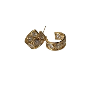 French vintage style gold C-shape earrings with round sparkling zircons for women