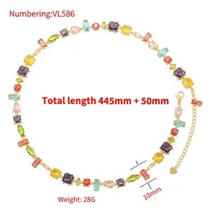 Rainbow gemstone necklace with colorful crystals and adjustable gold-tone chain