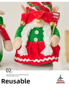 Close-up of a Christmas gnome decoration with red velvet fabric and white braided hair