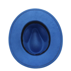 Vertical top view of blue wool fedora hat showing interior sweatband and size label
