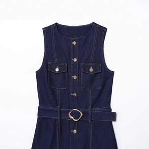 Deep blue denim sleeveless dress with golden round buttons and an adjustable waist belt