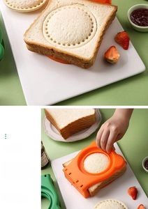 Macro view of round sandwich sealer tool pressing toast with food-grade plastic rings