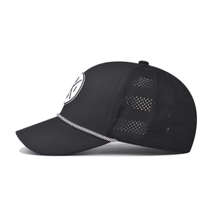 Detail of laser-perforated breathable holes and woven rope on black baseball cap