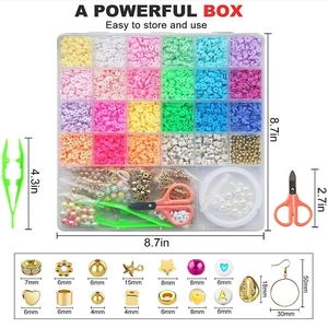 Detailansicht des 24-Gitter DIY Schmucksets mit Perlen und Maßangaben in mm und Zoll