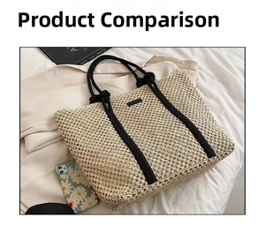Detail of handwoven straw tote bag with black handles and square logo on white bedding