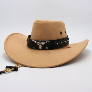 Chapeau De Cowboy Occidental Coton Polyester Feutre Large Bord Avec Ceinture En Similicuir Boucle Tête De Taureau Rivets Rétro Ethnique Unisexe