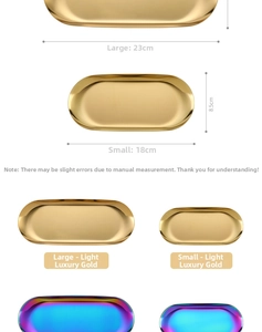 Polished stainless steel oval jewelry trays in gold and iridescent finish, two sizes shown