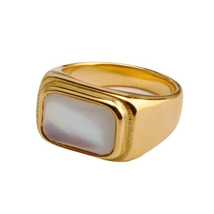 Polished gold square ring for men and women featuring a white shell stone inlay
