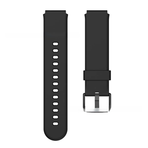 Detail view of 19mm black silicone sport strap with metal buckle for smartwatches