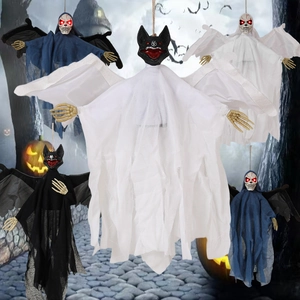 Halloween hanging ghost set with skull bats, glowing eyes, and long robes for decor