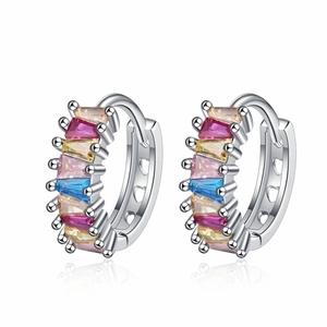 Copper Hoop Earrings With Colorful Baguette Zircon Rainbow Heart Hollow Fashion Jewelry For Women