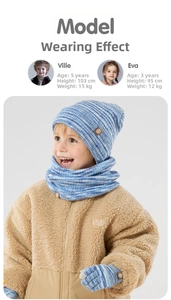 Detalle del conjunto de punto de gorro, bufanda y guantes a rayas azules para niños