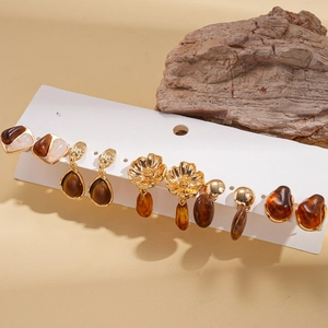 Detailed set of six vintage gold resin earrings with amber and brown stones on card