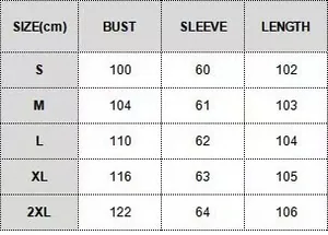 Detailed size chart for corduroy long sleeve shirt dress with S to 2XL measurements