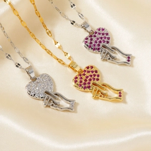 Stainless Steel Copper Zirconia Finger Heart Pendant Necklace Dainty Rhinestone Inlaid Gesture Clavicle Chain Jewelry For Women