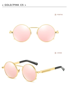 Steampunk gold metal round sunglasses with pink lenses from front and side angles